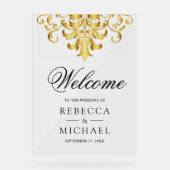 White Gold Damask Wedding Welcome Acryl Bord (Voorkant)