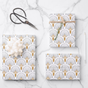 White, Gold en Black Art Deco Fan Flowers Motif Inpakpapier Vel