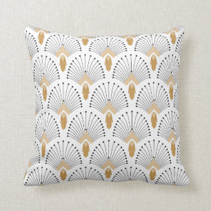 White, Gold en Black Art Deco Fan Flowers Motif Kussen