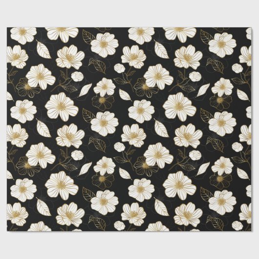 White Gold Floral op zwart Cadeaupapier (Vlak)