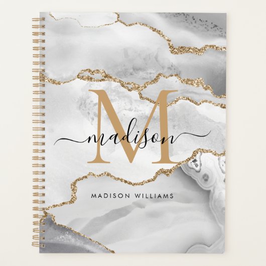 White Gold Glitter Agate Marble Monogram Script Planner (Voorkant)