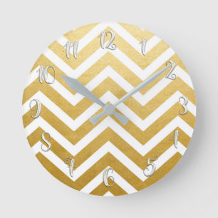 White & Gold Glitter Girly Glam Glamor Chevron Ronde Klok