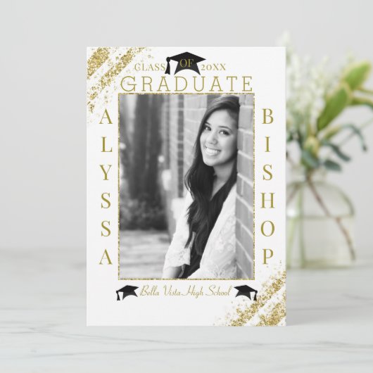 White & Gold Glitter Photo Afstuderen Afstuderen Kaart (Staand voorkant)