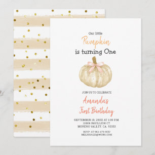 WHITE Gold Glitter Pompoen 1e verjaardag Uitnodigi Kaart
