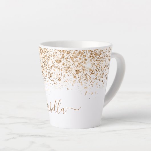 White gold glitter sparkles name script latte mok (Rechterhoek)