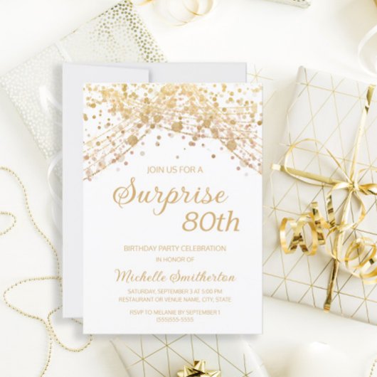 White Gold Glitter Surprise 80th Birthday Kaart