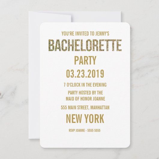 White Gold Glitter Typography Bachelorette Invite Kaart (Voorkant)