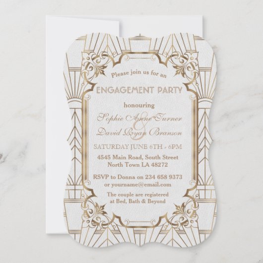 White Gold Great Gatsby Art Deco Engagement Party Kaart (Voorkant)
