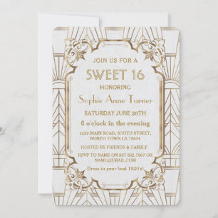 White Gold Great Gatsby Art Deco Sweet 16 Invite Kaart
