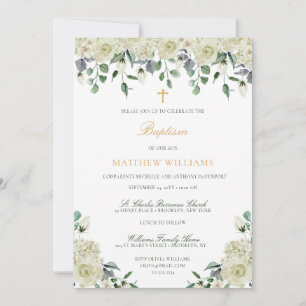White Gold Green Floral Baptism Invitation Kaart