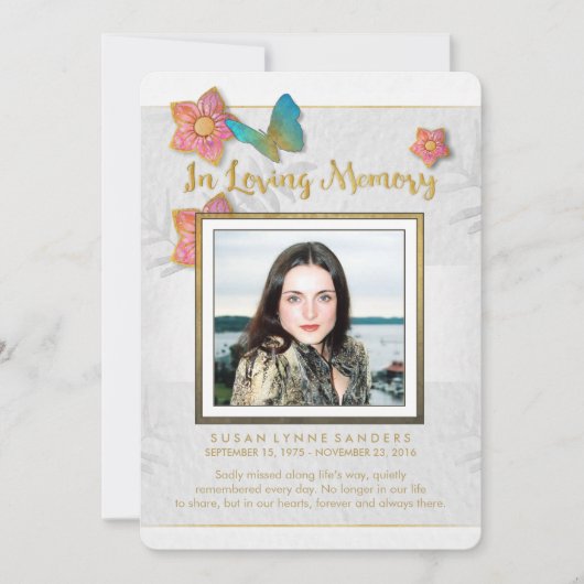 White Gold & Grey Butterfly Memorial Bedankkaart (Voorkant)