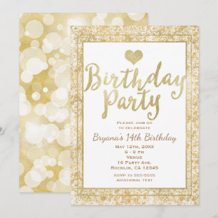 White & Gold Heart Glam Birthday Party Invitation Kaart