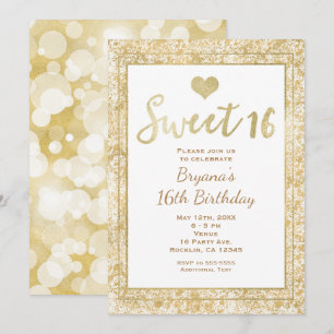 White & Gold Heart Glam SWEET 16 Party Invitation Kaart