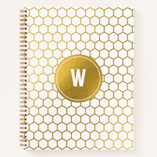 White & Gold Hexagon Pattern Monogramed Initiaal Notitieboek (Voorkant)