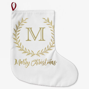 White & Gold Leaf Monogram Merry Kerstmis Grote Kerstsok