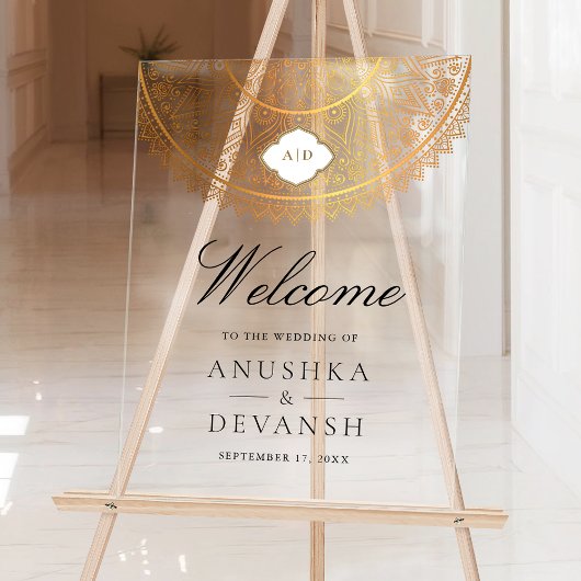 White Gold Mandala Indian Wedding Welcome Acryl Bord