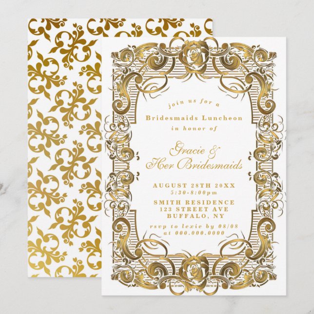 White Gold Ornament Bridesmaids Luncheon Invites (Voorkant / Achterkant)