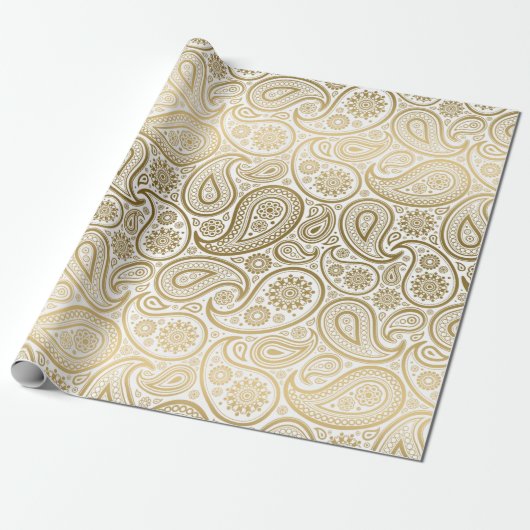 White & Gold  Paisley Pattern Cadeaupapier (Uitgerold)
