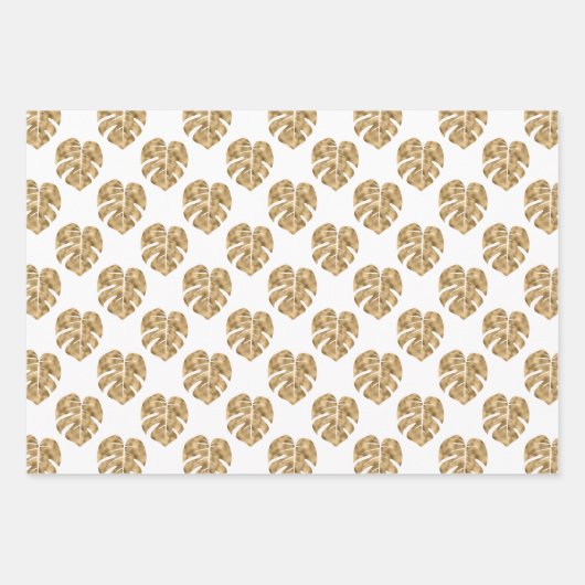 White Gold Palm Leaf Pattern Monstera Deliciosa Inpakpapier Vel (Voorkant 2)