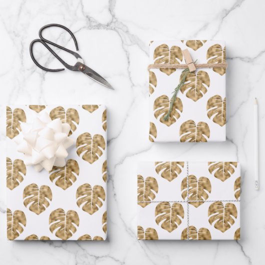 White Gold Palm Leaf Pattern Monstera Deliciosa Inpakpapier Vel (Voorkant)