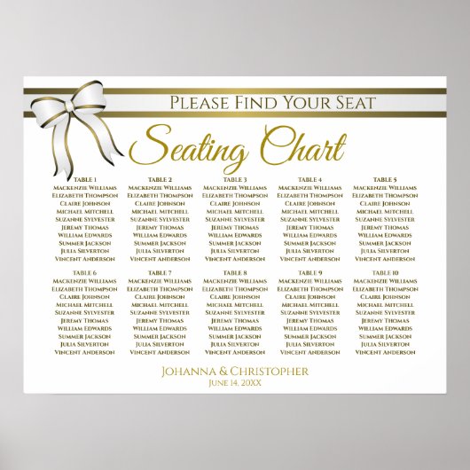 White & Gold Ribbon 10 Table Wedding Seating Chart Poster (Voorkant)
