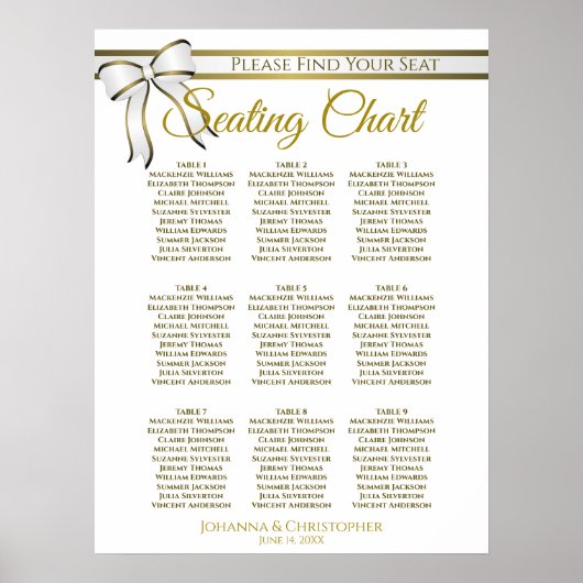White & Gold Ribbon 9 Table Wedding Seding Chart Poster (Voorkant)