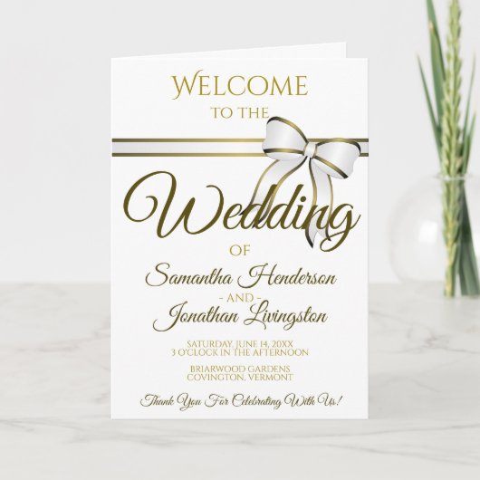 White & Gold Ribbon & Bow Wedding Program Programma (Voorkant)