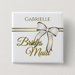 White & Gold Ribbon Wedding Bridesmaid Name Tag Vierkante Button 5,1 Cm