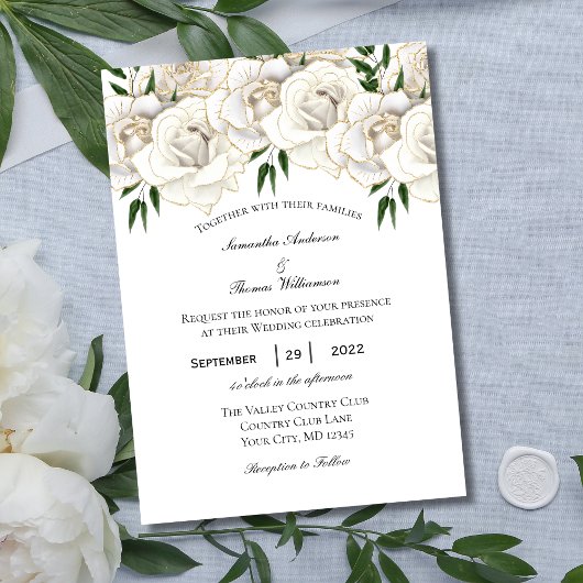 White Gold Roos Floral Formal Wedding Kaart