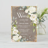 White Gold Rustic Floral Brown Wedding Kaart (Staand voorkant)