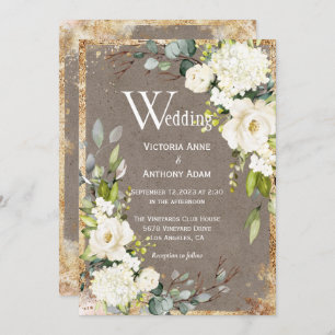 White Gold Rustic Floral Brown Wedding Kaart