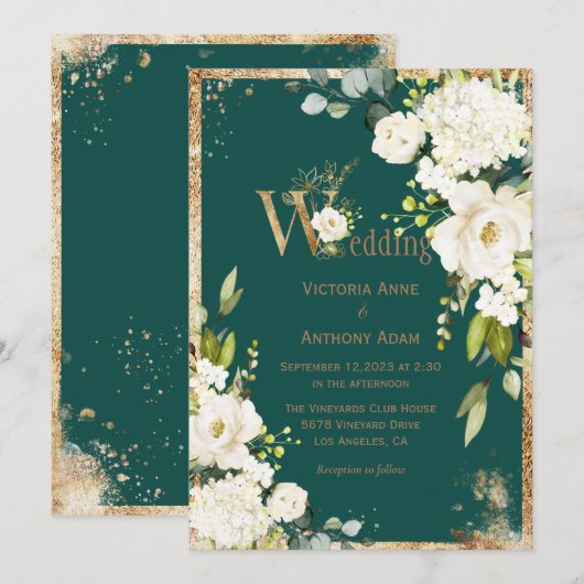 White Gold Rustic Floral Green Wedding Invitation Kaart (Voorkant / Achterkant)