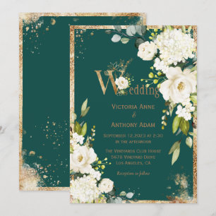 White Gold Rustic Floral Green Wedding Invitation Kaart