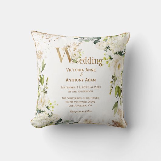 White Gold Rustic Floral Wedding Keepslag Kussen (Voorkant)