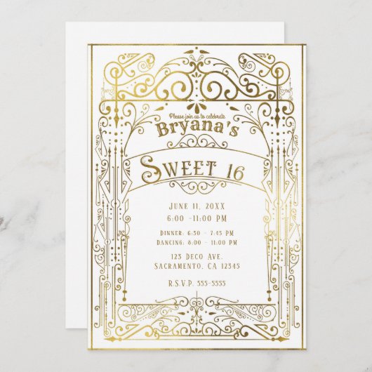 White & Gold Shine Victoriaans Deco Sweet 16 Kaart (Voorkant / Achterkant)