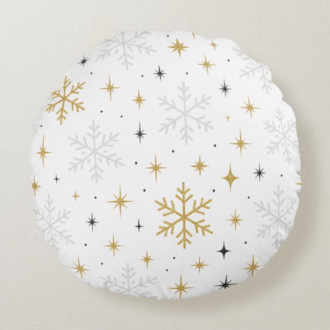 White & Gold Snowflake Sparkle Throw Pillow  Rond Kussen (Voorkant)