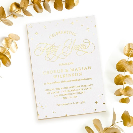 White Gold Stars 50ste bruiloft Jubileum Folie Uitnodiging