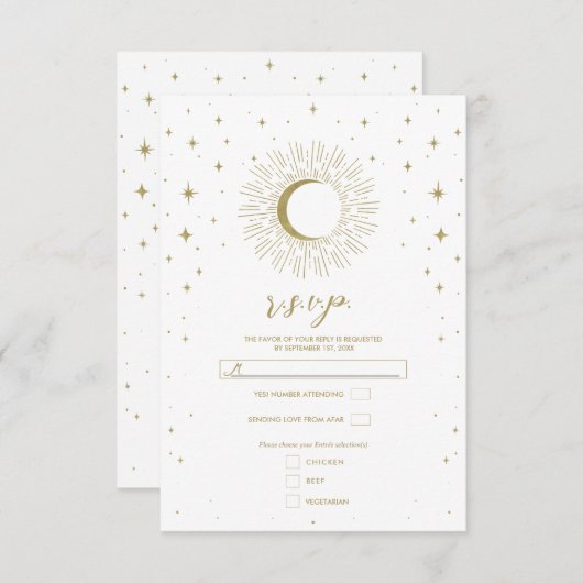 White & Gold Stars Celestial Sunburst Moon RSVP (Devant / Derrière)