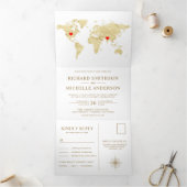 White Gold World Map All in One Wedding Drieluik Uitnodiging (Binnen)