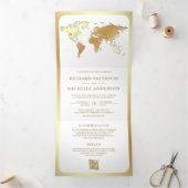 White Gold World Map QR Code Photo Wedding Drieluik Uitnodiging (Binnen)