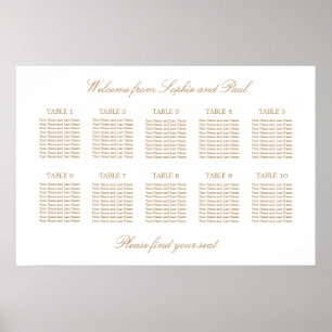 White Golden Beige 10 Table Wedding Seating Chart Poster
