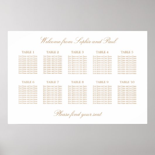 White Golden Beige 10 Table Wedding Seating Chart Poster (Voorkant)