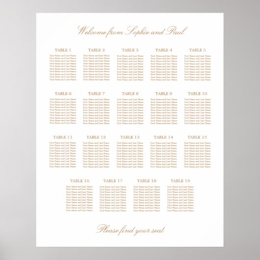 White Golden Beige 19 Table Wedding Seating Chart Poster (Voorkant)