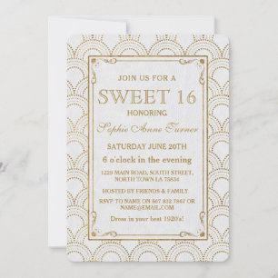 White Great Gatsby Art Deco Gold Sweet 16 Invite Kaart