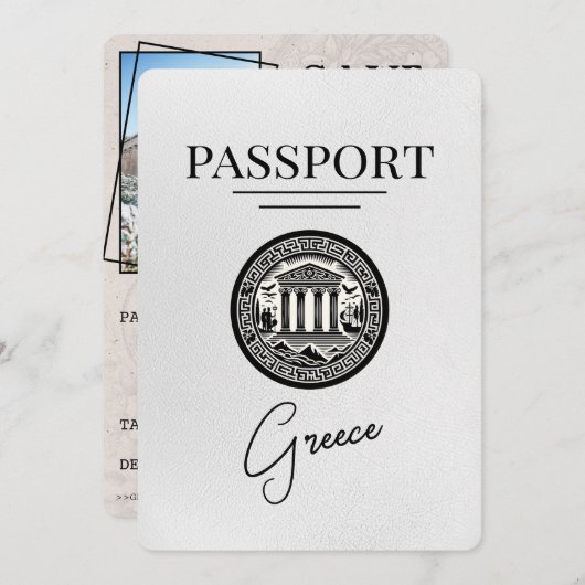 White Greece Passport Save the Date Kaart (Voorkant / Achterkant)
