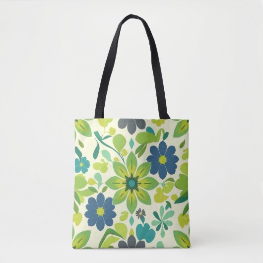 White Green and Blue Floral Tote Bag (Devant)