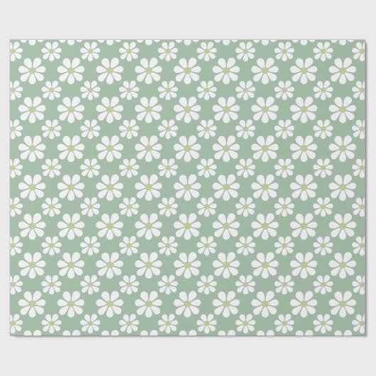 White Green Daisy Pattern  Cadeaupapier (Vlak)