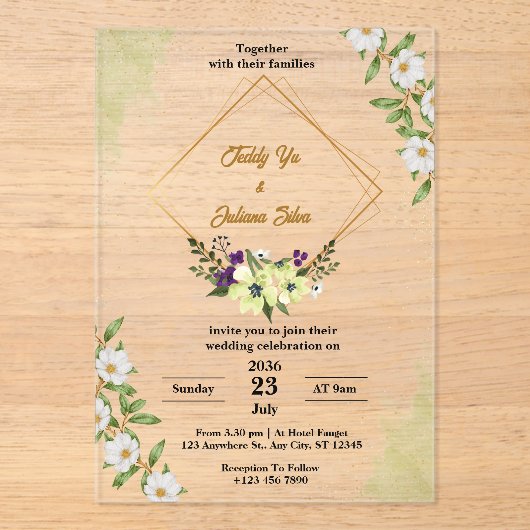 White Green Floral Acrylique Mariage Invitations (Recto)