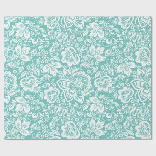 White & Green Floral DamasPattern Cadeaupapier (Vlak)