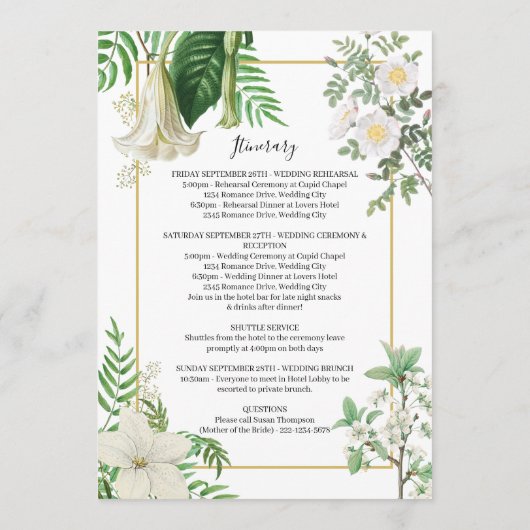 White Green Floral Gold Wedding Itinerary Programm Programma (Achterkant)